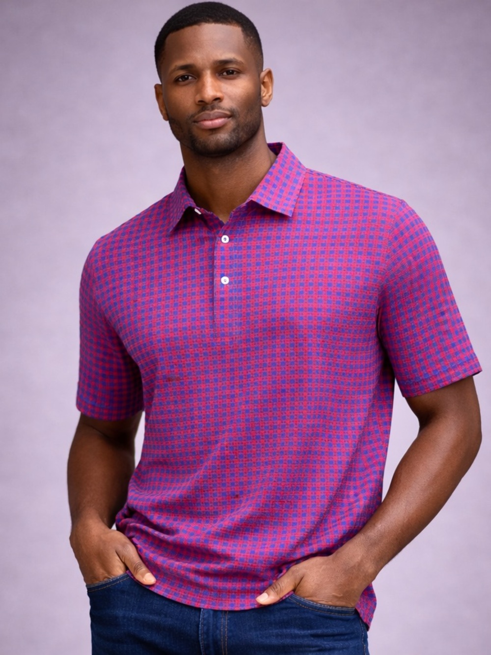 Collars & Co. Men's Red and Blue Check Dress-Collar Polo - Picture 2 of 2